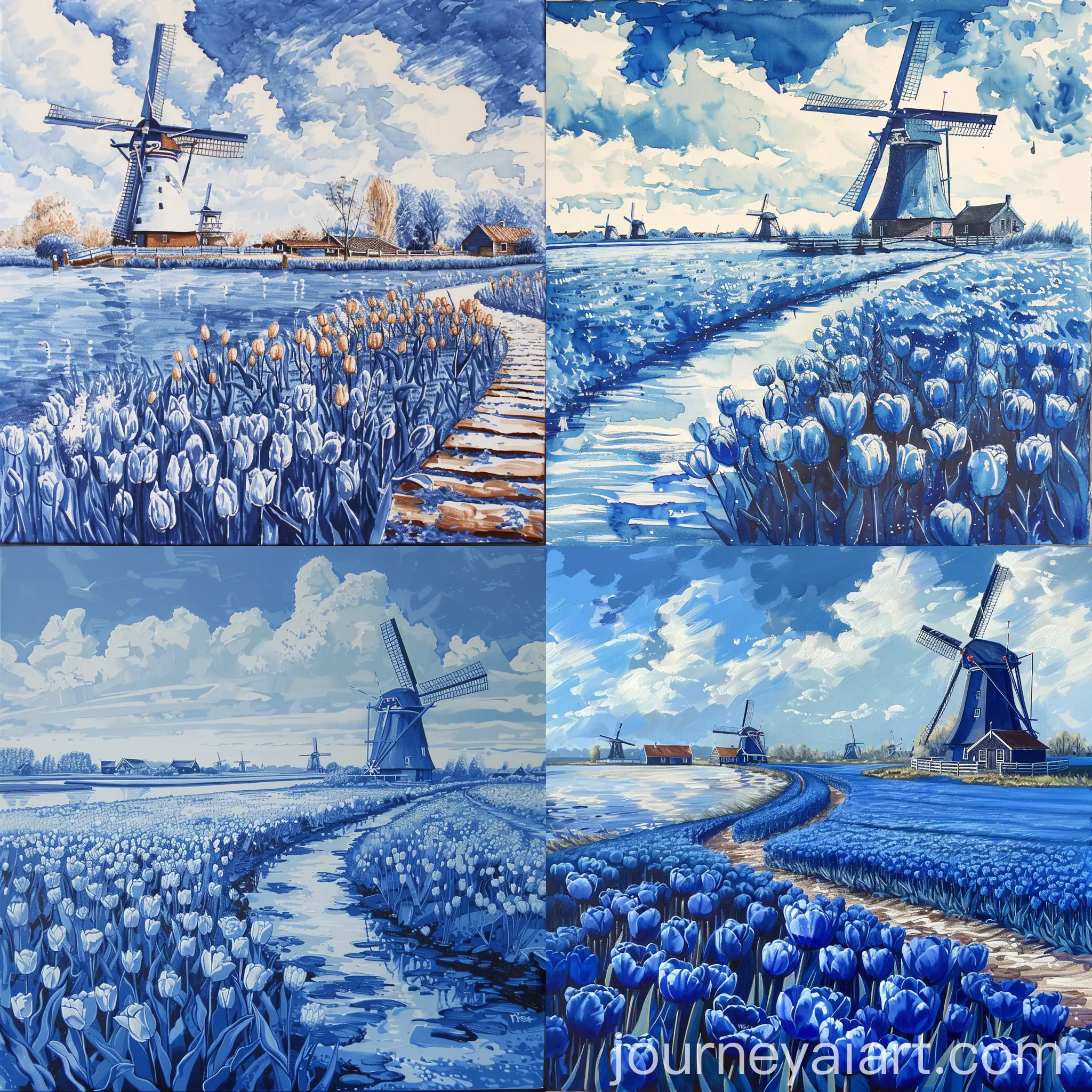 Netherlands-Tulip-Fields-and-Windmill-in-Delft-Blue-Technique