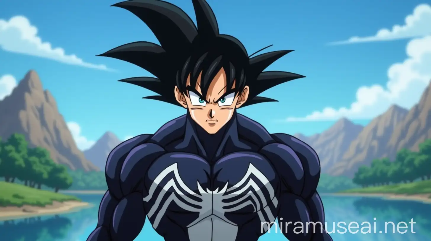 Anime Fusion Venom and Goku Symbiosis in Serene Landscape