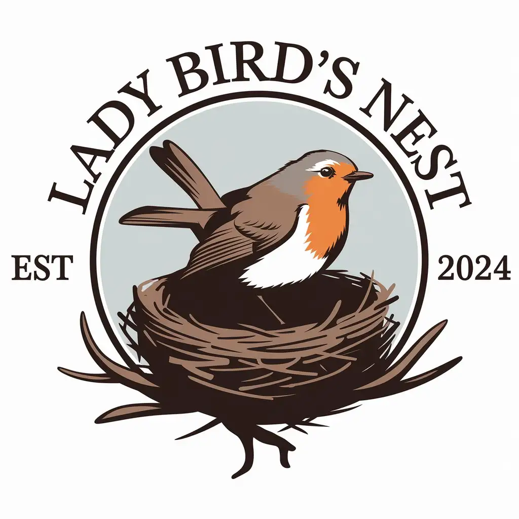 LOGO Design for Lady Birds Nest Robin in a Nest with Clear Background and Modern Typography