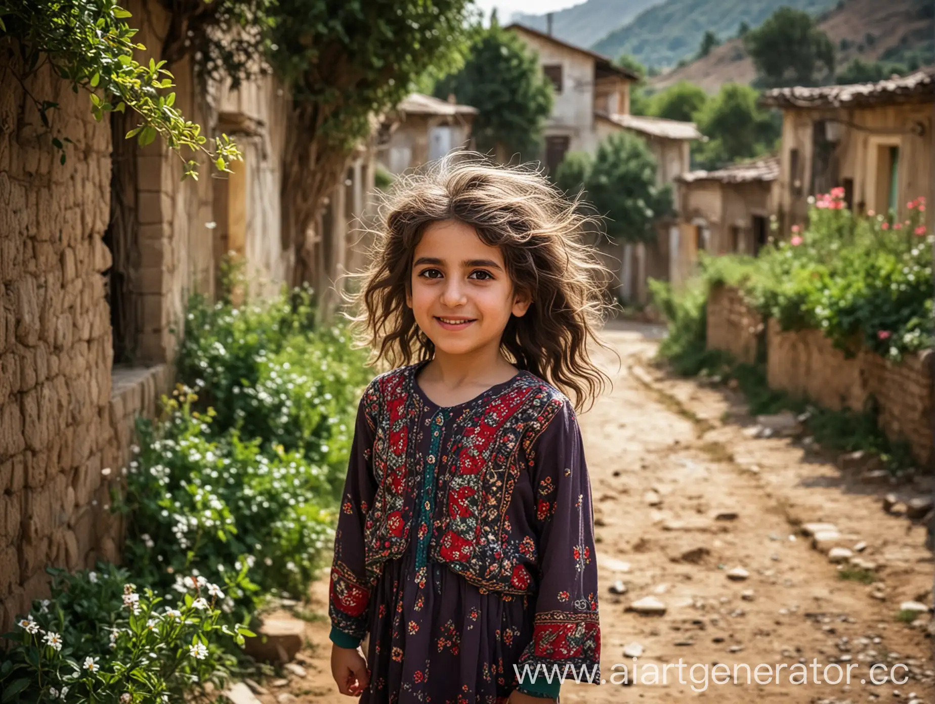 An Iranian girl who lives in Mazandaran (northern province in Iran), walking in a nice village and has fairy hair