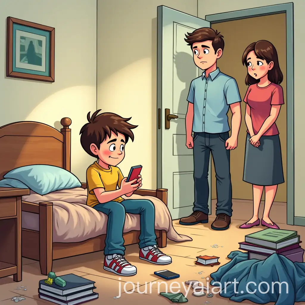 Middle-School-Boy-Ignoring-Parents-in-a-Messy-Bedroom