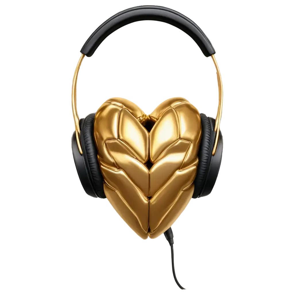 realistic image of a gold heart shaped brain with headphones on the 1 eye