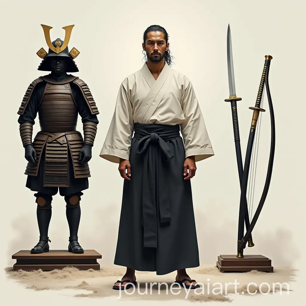 Samurai-in-Traditional-Armor-with-Weapons-Displayed