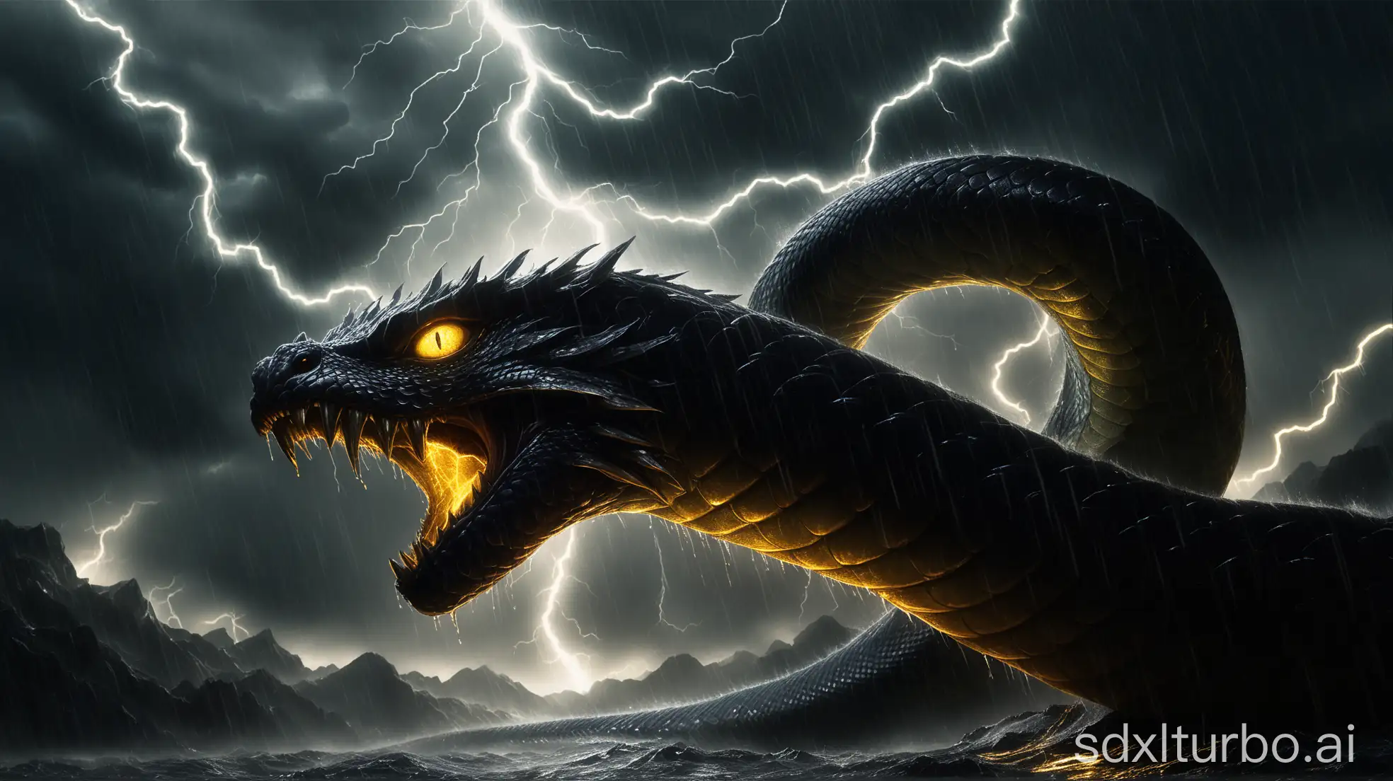 A massive, mythical serpent with jet-black scales, coiled in a stormy, rain-drenched landscape. Its glowing golden eyes burn with intensity, and golden lightning crackles across its wet, glistening scales. The rain pours down in streaks, illuminated by violent flashes of lightning. The serpent’s face is in sharp focus, filling most of the frame with an extreme close-up perspective, emphasizing its immense size and terrifying presence. The background is dark and stormy, with electric energy arcing through the sky. The scene is cinematic, hyper-realistic, and filled with dramatic lighting, deep shadows, and reflections of golden energy across the serpent’s scales. The camera angle is low and slightly tilted, capturing the creature's dominance as it looms over the viewer.