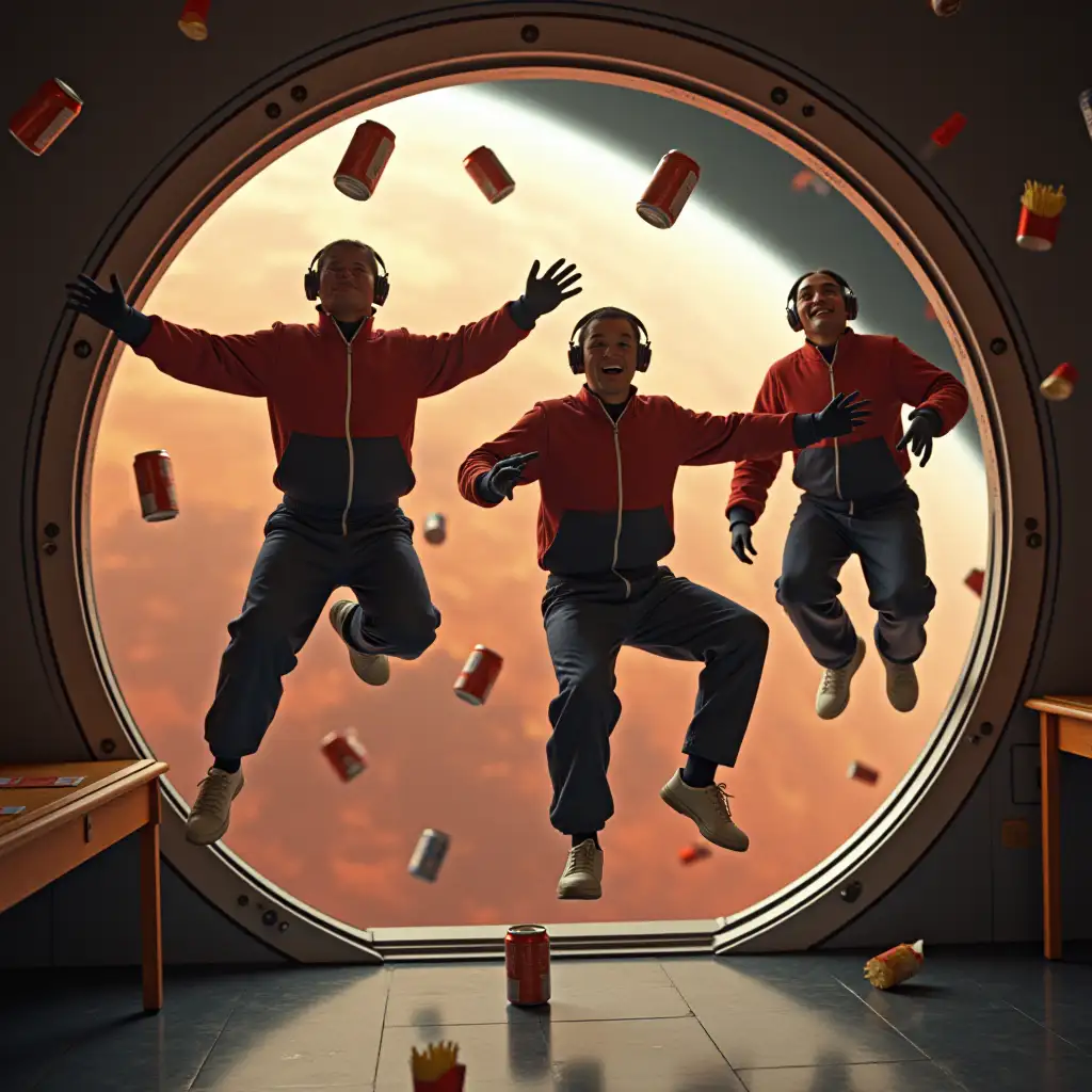 a group of men in tracksuits are floating in weightlessness in front of the porthole of a shuttle orbiting around Mars. In the room there are floating beer cans and fries. photorealistic