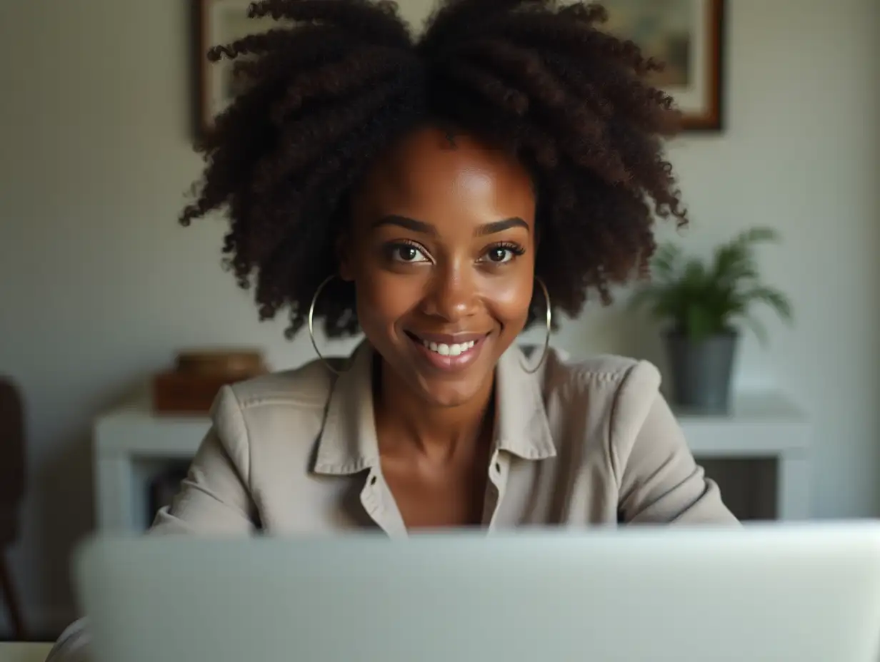 A black African female with light brown skin, sitting behind a laptop computer, the view should be in-between from the front and the side