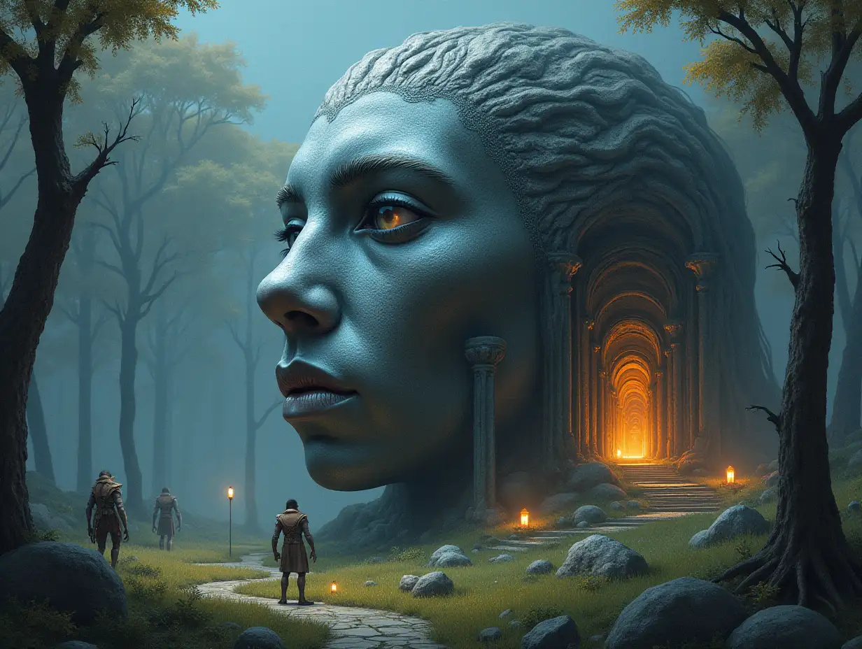 Creating a digital painting of a face with hair, that transforms into a building with silver stones and illuminated trees with roots and lanterns and strange alien creatures on a lawn