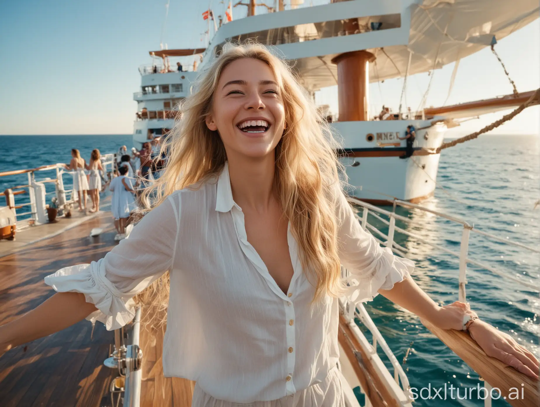 a magnificent ship on the sea. A woman with long blonde hair is standing on deck. She is laughing. It is a sunny day. There is a pool on the ship.