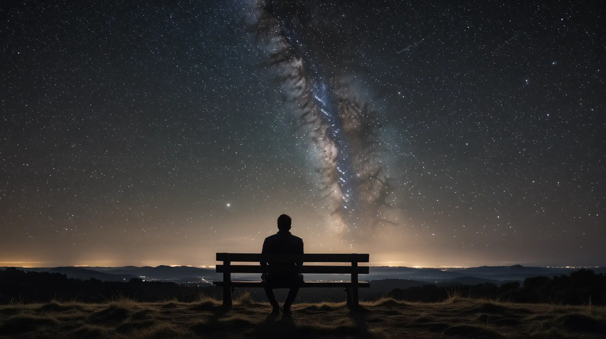 Man-Sitting-on-Bench-Under-Starry-Night-Sky-Contemplating-Solitude