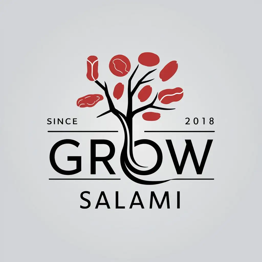 a vector logo design,with the text "Grow Salami", main symbol:Name , since 2018 nFollowing line and from it grows something like a tree , but on the branches grows production: salami sausage , prosciutto , coppa etc , tree (or something else , I do not even know what better) refers to the name , namely grow (growth)n,Moderate,be used in Retail industry,clear background