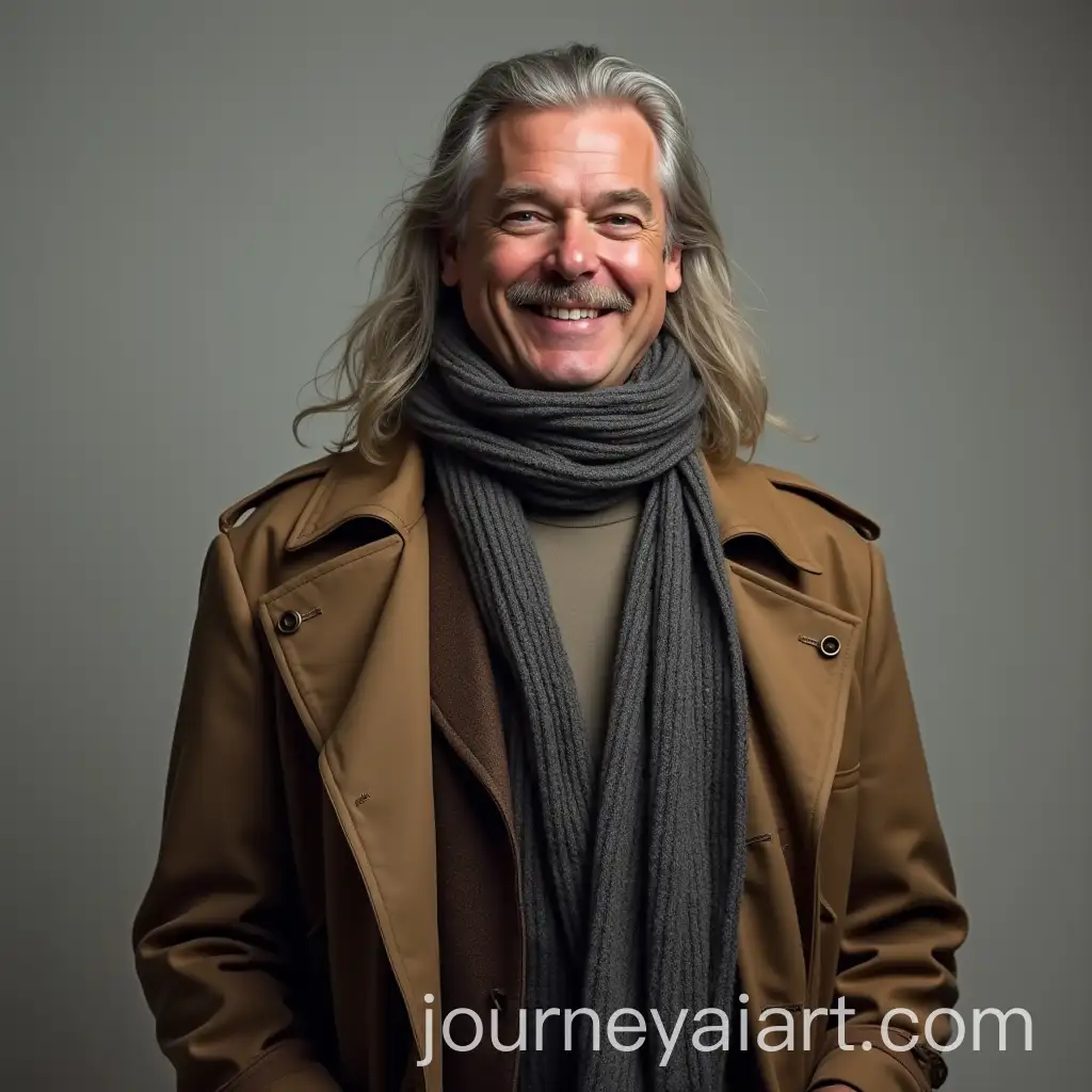 Tall-Man-with-Silver-Hair-in-Brown-Trench-Coat-and-Cocky-Smile