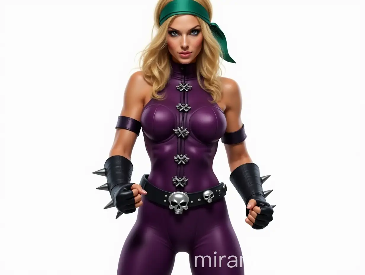 Confident Warrior Woman in Shiny Purple Bodysuit with Skull Belt