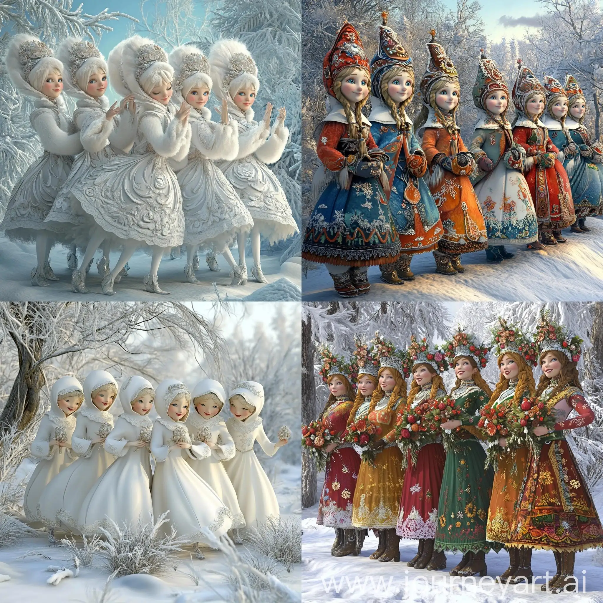 Cartoon-Snow-Maidens-in-Kokoshniks-Gathering-in-Snowy-Scene