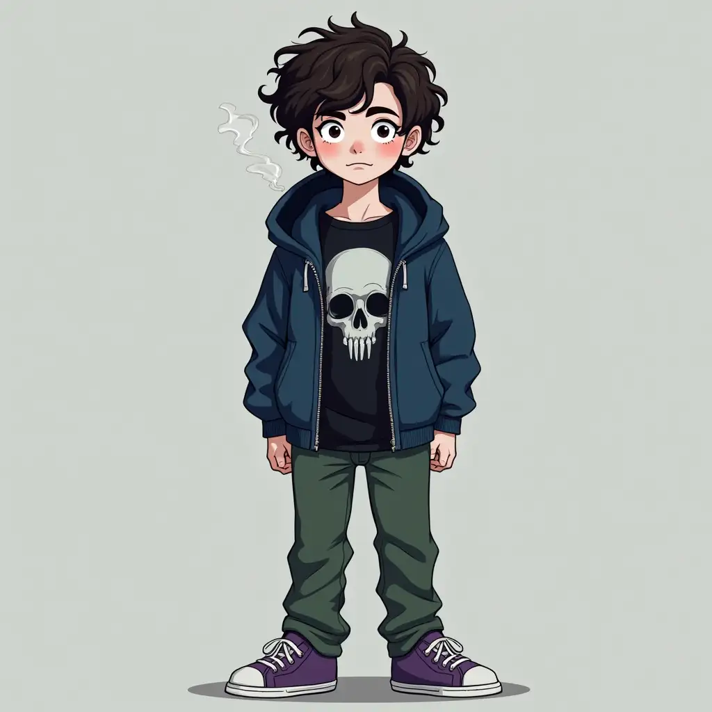 13 years old. Russian. Melancholic. Schizoid, pessimist, personality type- ISFPnMalicious, judges nobody and helps others, distrustful towards anyone and anything. Likes energetics. Smokes.nAppearance - curly hair dark brown color, white skin, blue hoodie with a zipper hood, black t-shirt with a print of a skull, green jeans and purple sneakers. Always with headphones because he loves music.nHobbies - drawing, playing guitar, filmography, literature.