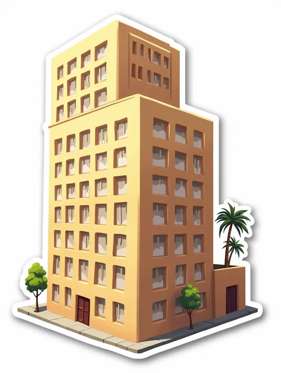 A curvilarly cut sticker depicting a a sand-colored office building with lots of square windows on the facade. There is a projection in the form of a square column on the wall of the building, this projection is higher than the main building. the first floor is higher than the rest of the floors. vibrant and dynamic die cut sticker design top-view, high resolution, vector art,  white background, paint in anime style