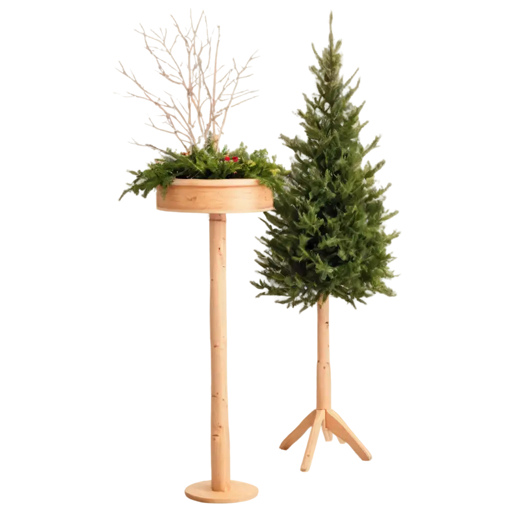 Podium (stand) wooden round birch, on the stand there are also spruce branches and viburnum