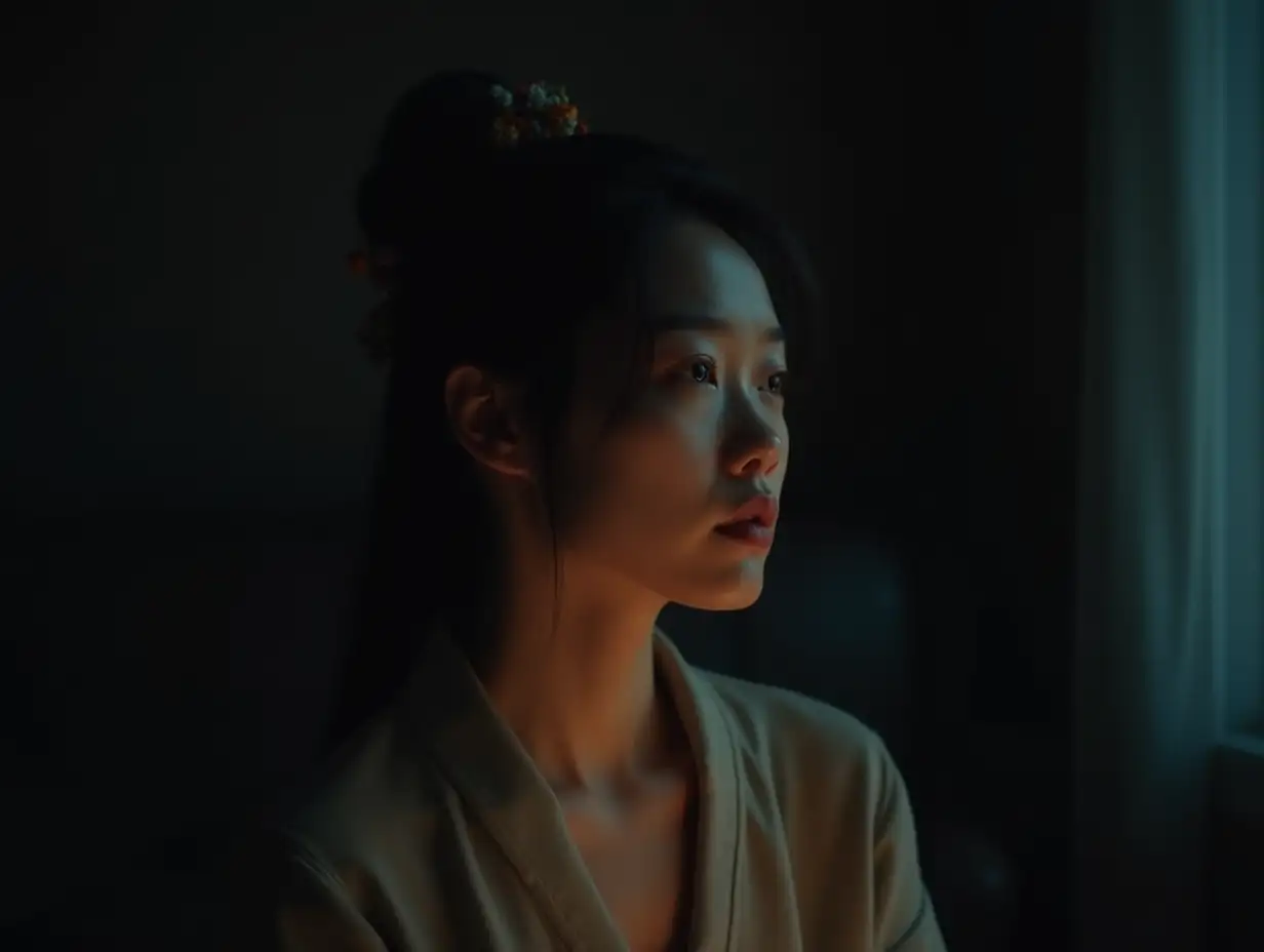 Chinese ancient wind style: At night, a sensual woman sits indoors with dim, slanted light. Her face looks weary under the faint light. She gazes at that glowing point, her thoughts wandering. The autumn rain has stopped, but she can't stop her tears.