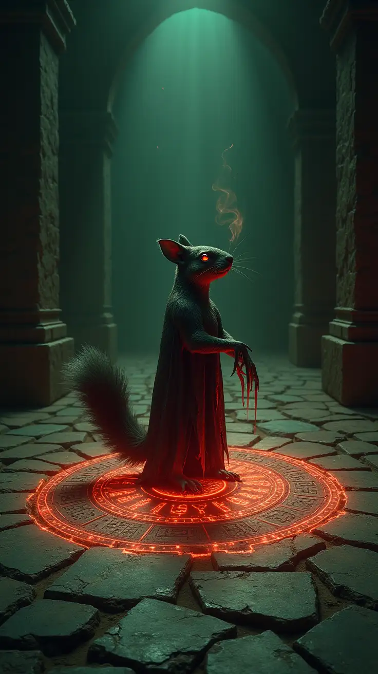 A solitary warlock squirrel stands in the heart of a shadow-drenched chamber, its sleek, scorched-black fur shimmering faintly under the glow of an intricate, pulsing enchantment circle carved into the cracked stone floor. The circle blazes with blood-red and sickly green light, its runes glowing as if alive, emitting faint tendrils of smoke that coil upward into the oppressive darkness. The squirrel’s ember-like eyes burn with a terrifying intensity, its jagged claws raised and sparking with volatile arcs of crimson magic. Its tattered robes, stitched with tarnished brass and glowing sigils, ripple with unseen forces, faint scorch marks revealing layers of charred fur beneath. The air around it distorts, heavy with malevolent energy, as faint echoes of grinding metal and hissing steam resonate from the unseen depths of the chamber. Jagged shadows crawl across the walls, which are etched with faint, ancient glyphs, their light barely piercing the suffocating darkness that presses closer with each pulse of the spell’s power