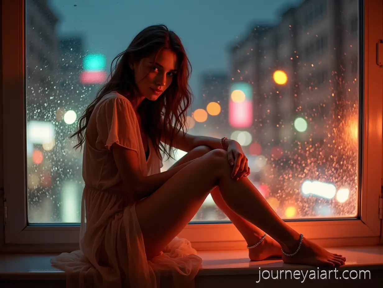 Cozy-Indoor-Portrait-of-Woman-by-Rainy-Neon-City-Window