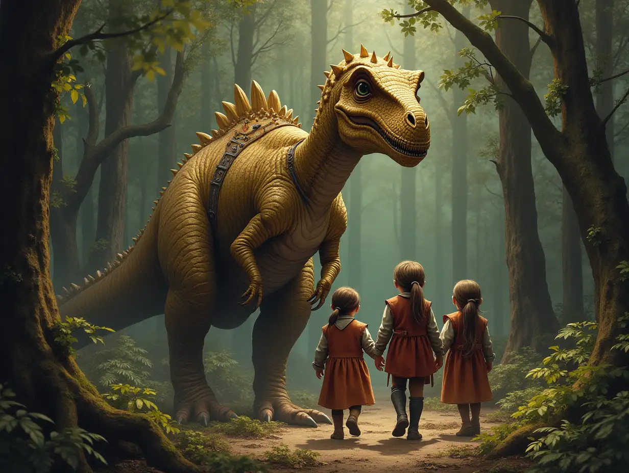 Chalk time fantasy family, Achelousaurus, woman, 5 children large Abelisaurus with Golden and leather equipment in the forest