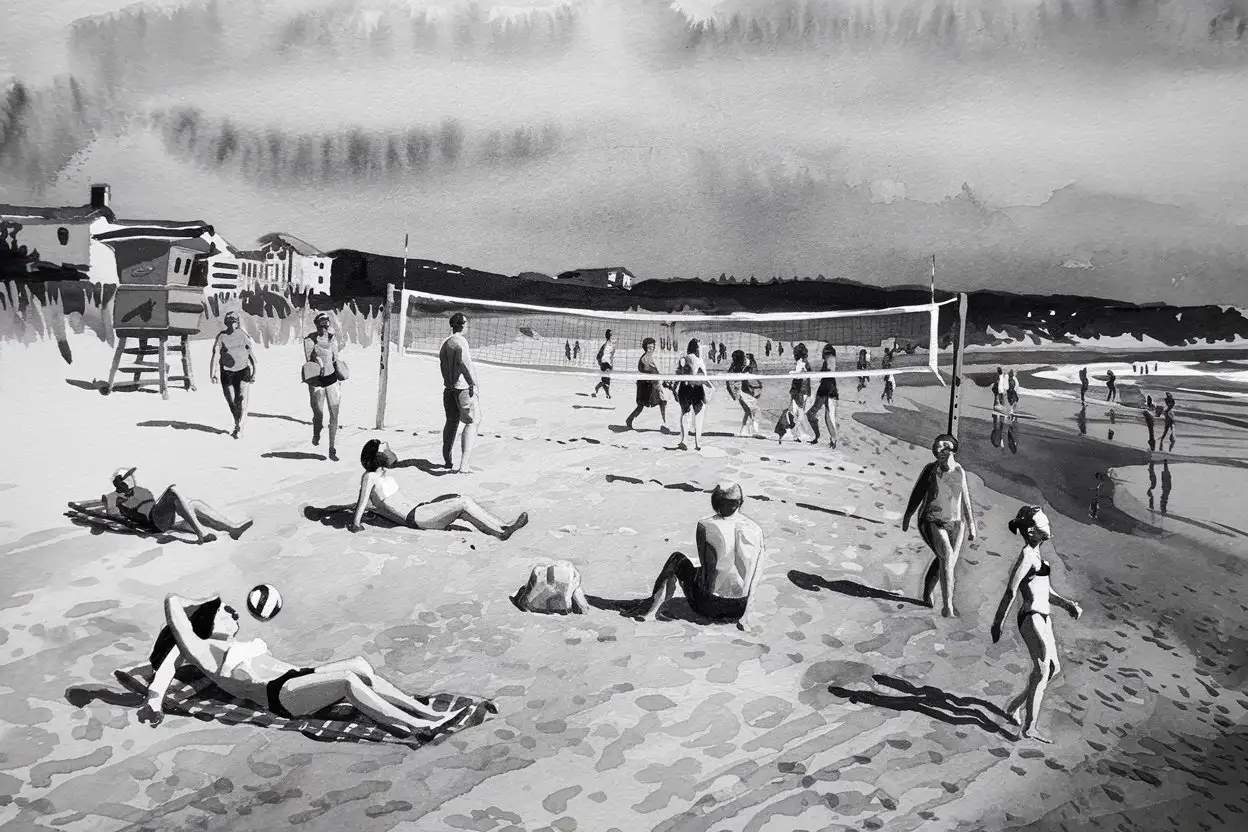 black and white watercolor painting  people enjoying the beach