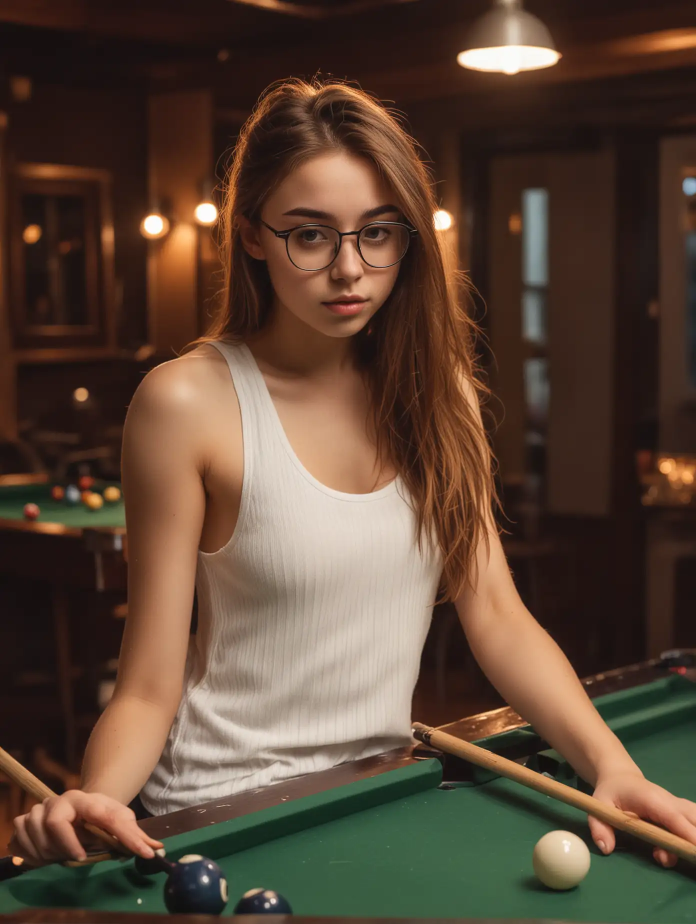 A teenage girl is playing pool, she has long brown hair and round glasses, classy look, white ribbed tank top, club atmosphere, warm lights, cinematic