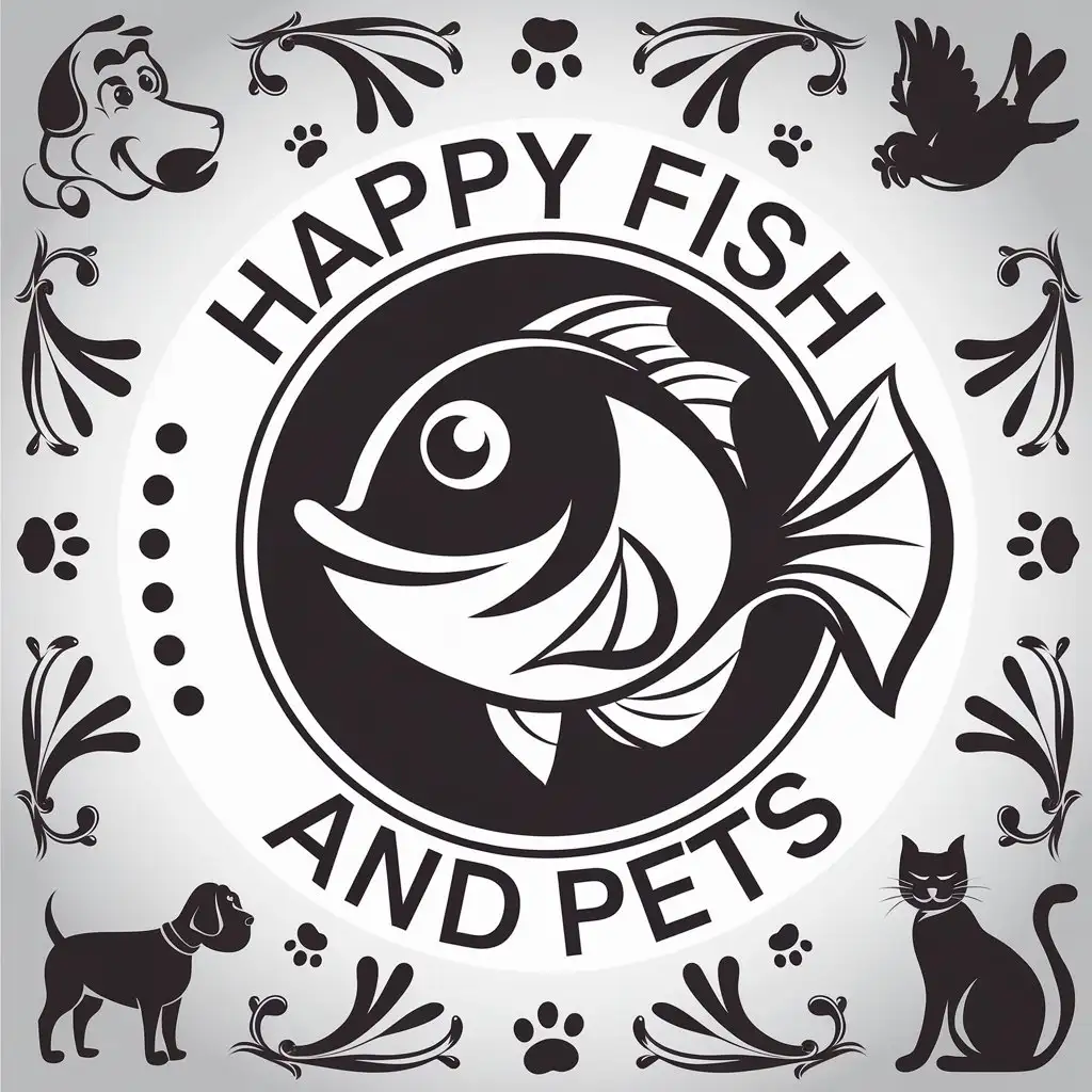 LOGO Design for HAPPY FISH AND PETS Smiling Fish Dog Birds and Cats with Clear Background