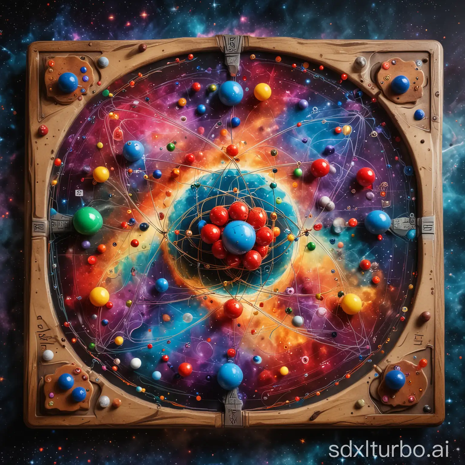 A vibrant, colorful Match-3 game board based on the model of an atom. The board is filled with protons, neutrons, and electrons. The background is a swirling nebula.