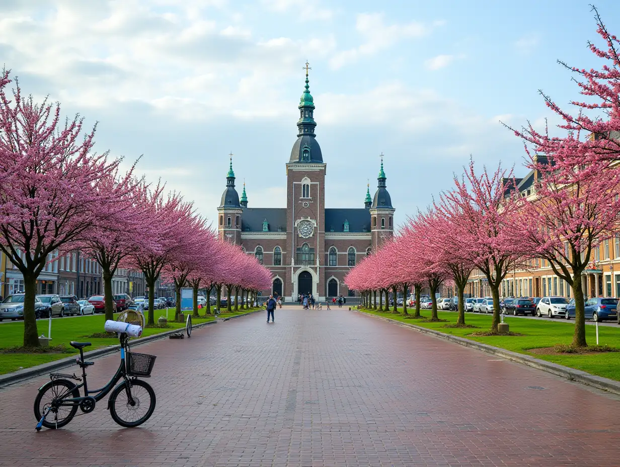 Spring-View-of-Binnenhof-Dutch-Parliament-with-Bikes-The-Hague