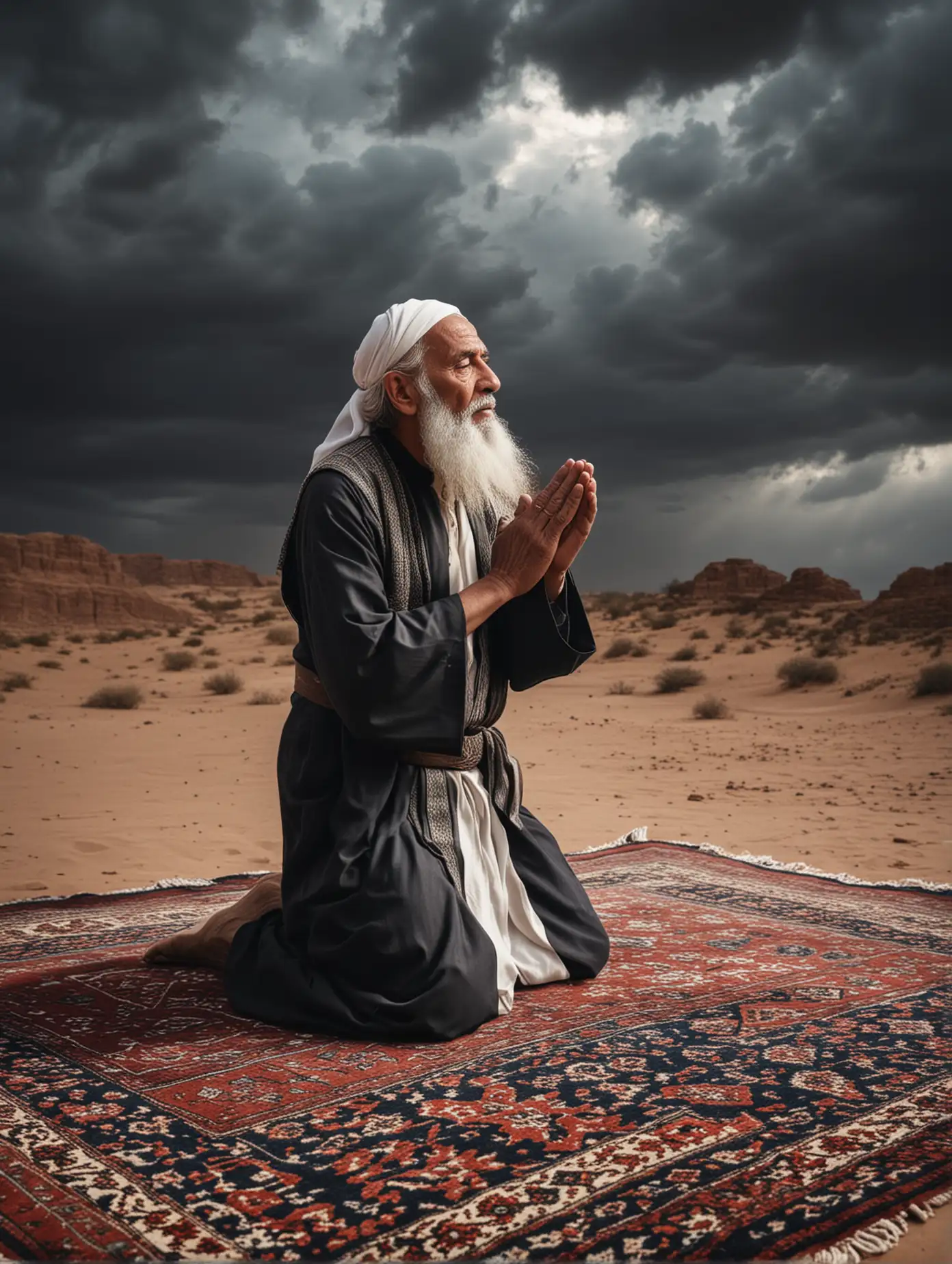 Muslim-Elder-Praying-in-Desert-under-Dark-Clouds