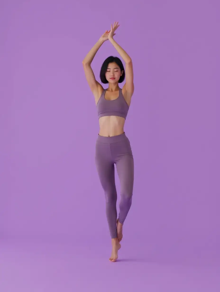 Asian young girl 25 years old, yoga poses, slim waist, soft movements, clean solid color background, wearing tight clothes and pants, purple background, full body