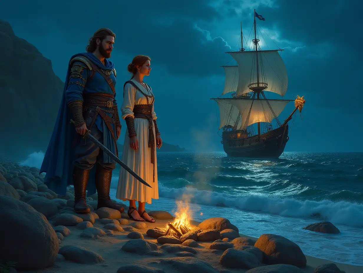 fantasy style, art by Greg Rutkowski, Artgerm, Alphonse Mucha, WLOP, Boris Vellejo, Trio, 1 man & 2 women standing on rocky shore, night, midnight, Pirate ship with  golden dragon head sailing to shore, (Figure 1, brown hair and beard, age 25, male, Templar blue tunic,white shirt, blue pants, long sword), (Figure 2, age 30, female, short auburn hair, muscles, blue Templar tunic, black pants, long sword), (Figure 3, age 16, female, cleric, short brown hair, white cleric robes), campfire,  full body portrait, highly detailed, without blur, 36mm, 16k res