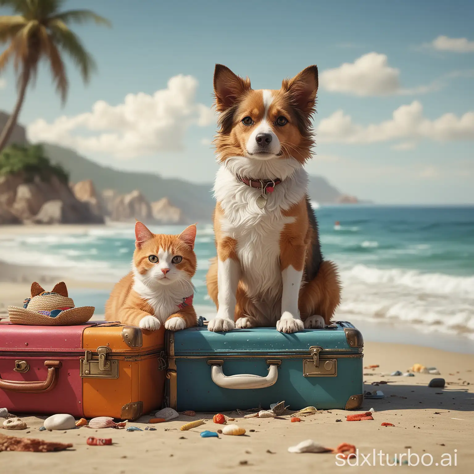 Dog-and-Cat-Enjoying-Beach-Vacation-with-Colorful-Suitcases