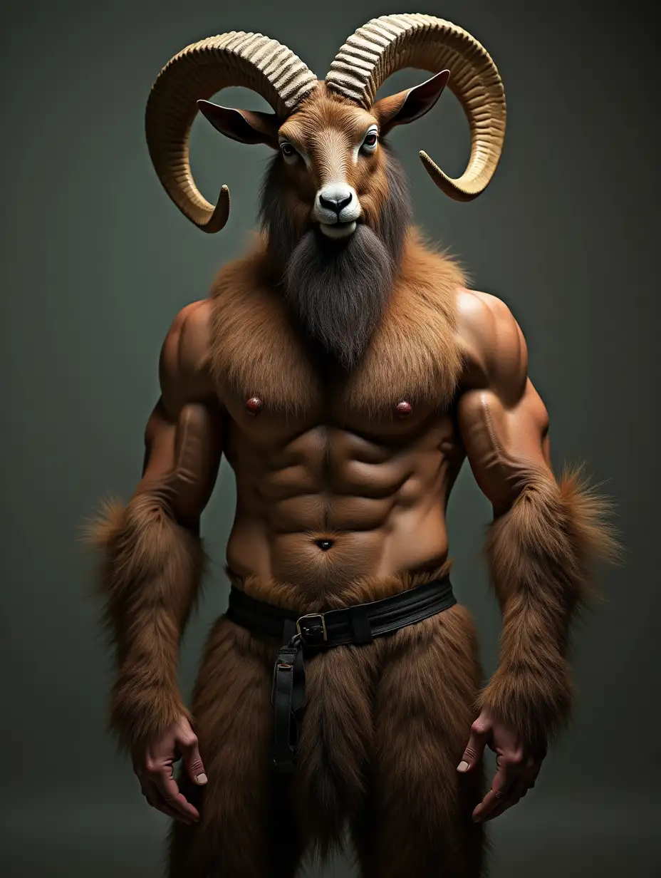 Satyr goat handsome man with athlétic muscular realistic furry legs and large hooves. Gost man. Smiling. Hairy abs. Handsome. Broad hairy shoulders. Shaggy. Hirsute. Muscular arms. Broad hairy chest. Realistic animal horns. Detailed realistic face. Big, bushy, hairy beard. 8k. Closeup. HDR. Sharp focus. Vibrant color.  the scene is from the front in a low angle with breathtaking details like a realistic photograph of high precision, high definition, very detailed.