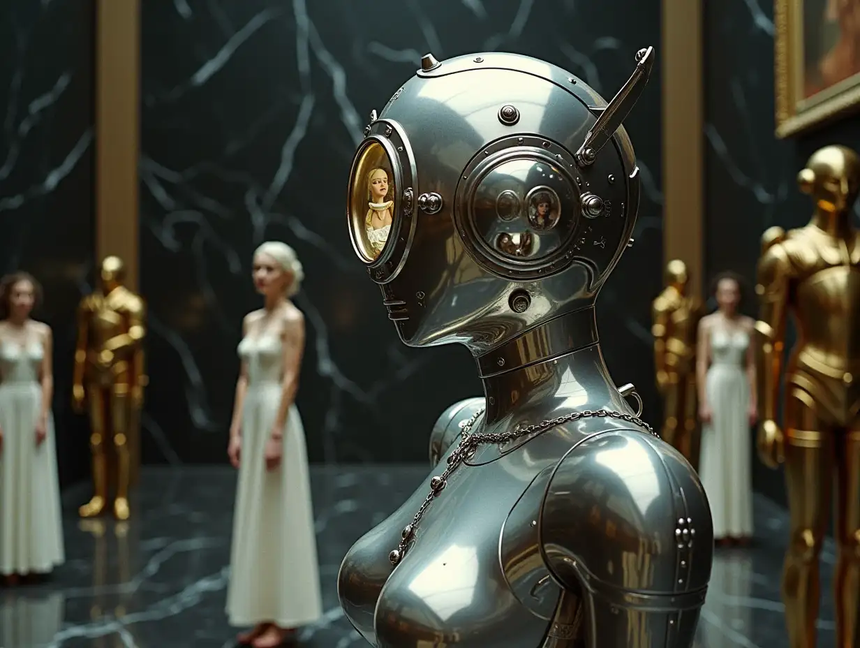 realistic image of a chrome metal robot with feminine curves with a porthole head with miniature women inside, women in white futuristic dresses and chains around their necks, in a huge black marble room with several strange paintings, people in gold armor in the background, futuristic fantasy cinema 1960's, super panavision 70, dark retro colors