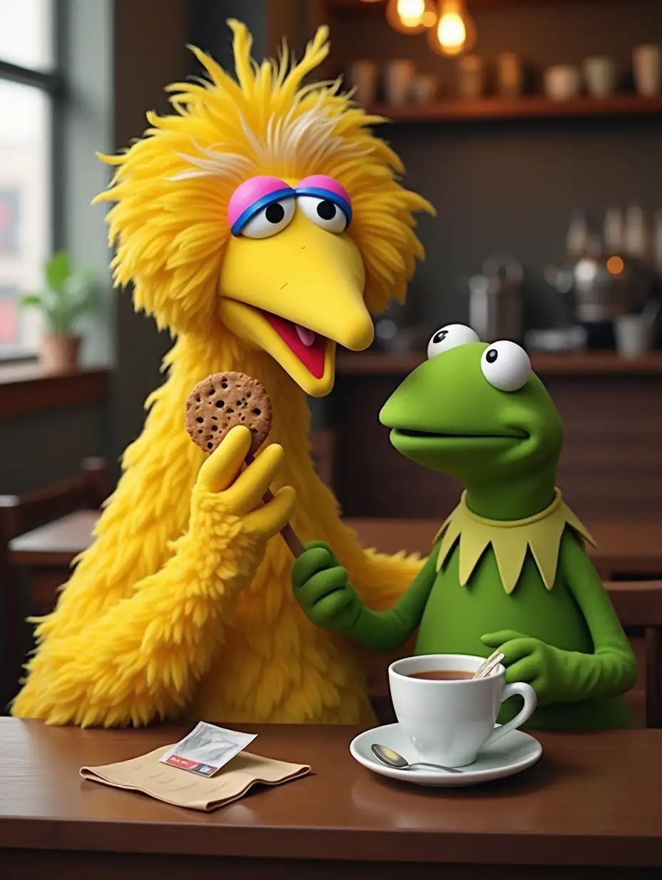 Big bird and Kermit the frog together at a coffee shop. Big bird is eating a cookie while Kermit is having a cup of tea with a tea bag on a napkin on the table