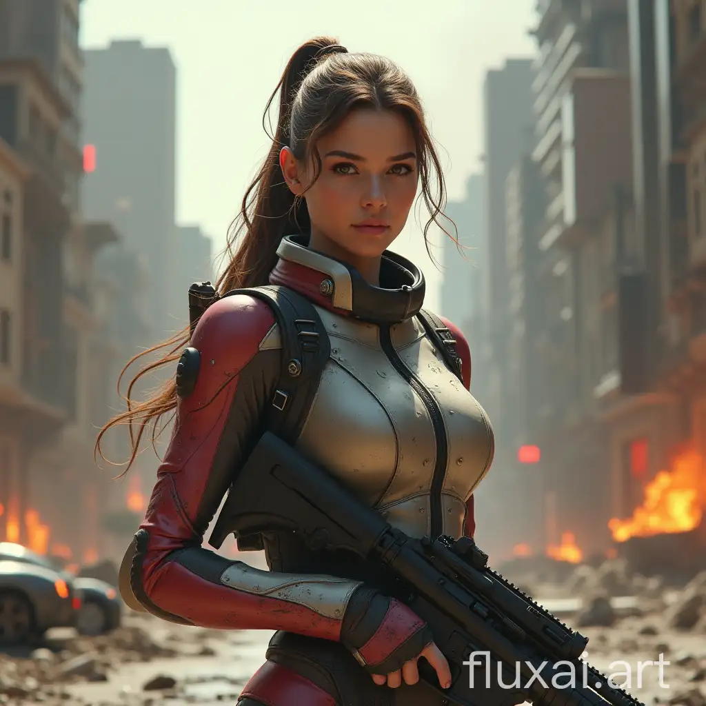 beautiful woman, hair gathered in ponytail, sci fi suit, holding gun, post-apocalypse, city in ruins, street, destroyed vehicles, fire, dust, space battle cruiser, hyper detailed painting, 3d render, octane render, cinematic, hyper realistic cover photo awesome full color