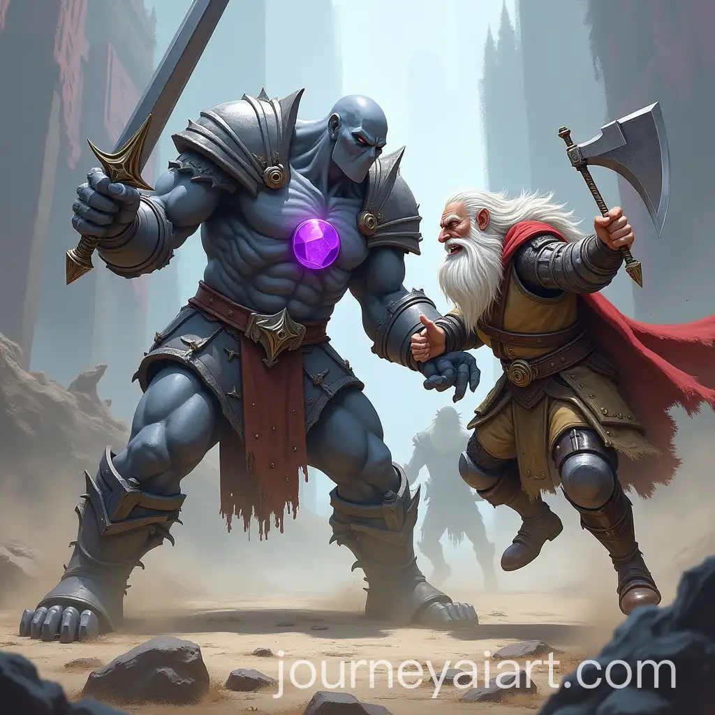 Dwarf-and-Elf-Battling-a-Gray-Forged-Warrior-in-an-Arena