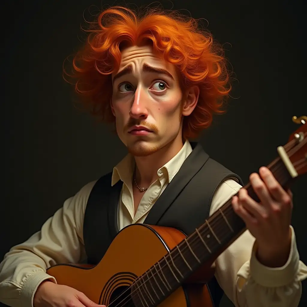 A man with red, curly hair. Amber, tired eyes. Bags under his eyes. A long face. A upturned nose with a hump. Prominent cheekbones. A mole under his right eye. Tall. Playing the guitar. Wearing classical clothes.