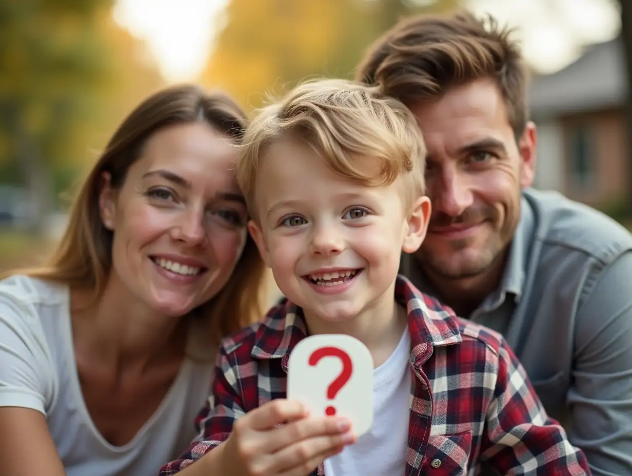 A family picture with a question-mark. Family members: mum, dad and a 4 years old boy with autism