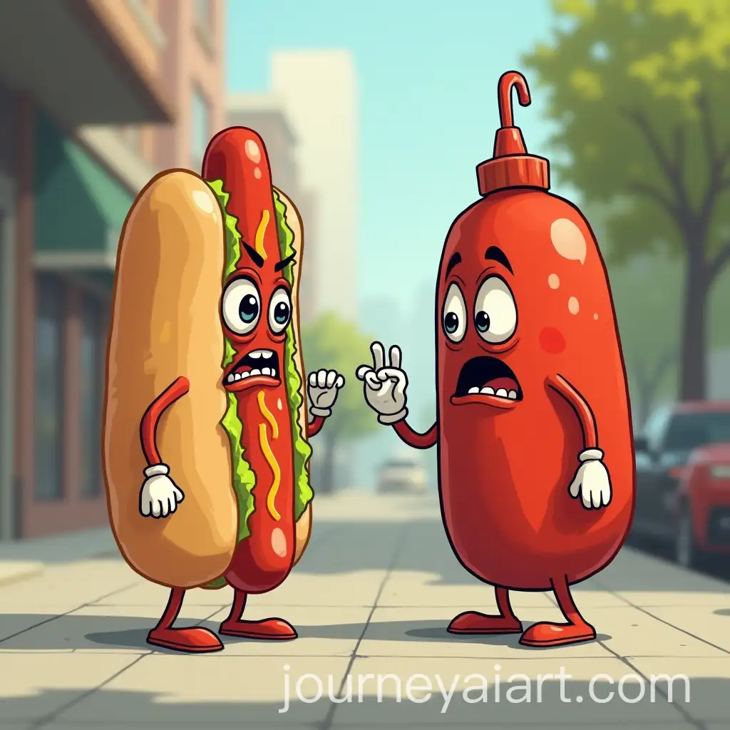 Angry-Hotdog-and-Ketchup-Characters-Arguing-on-the-Sidewalk