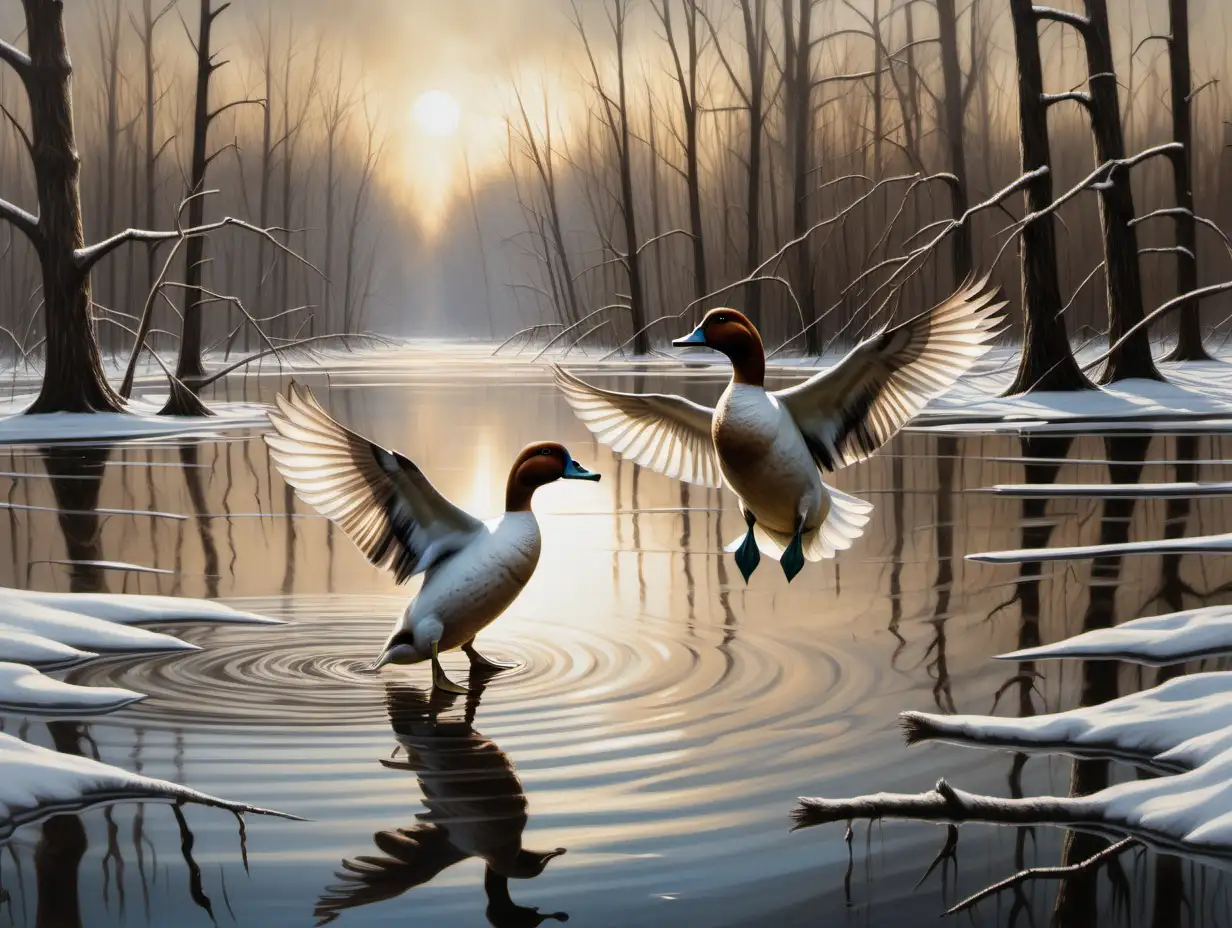 Canvasback Ducks Descending in Frosty Wetlands