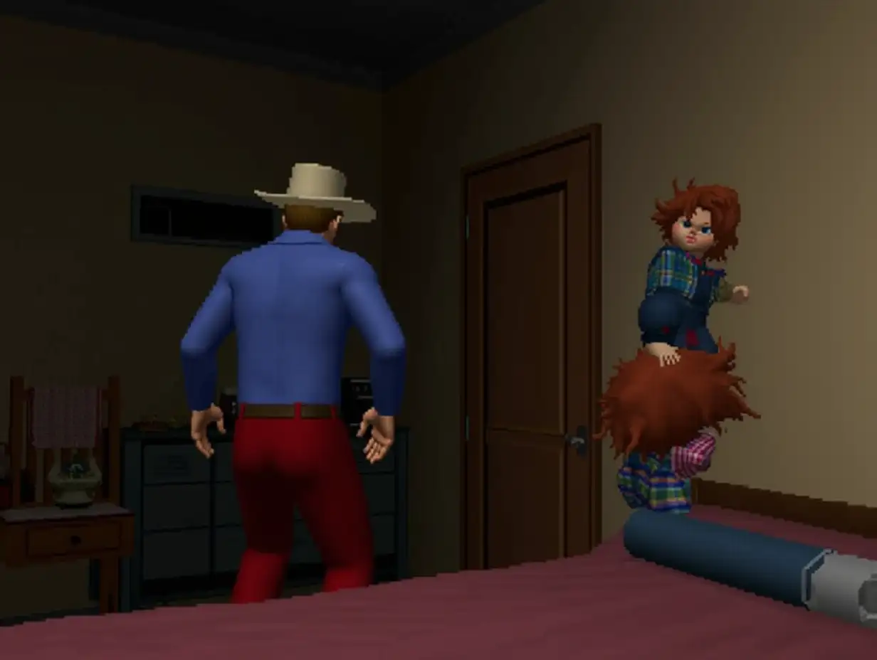 1990s 3D ps1 styled Gameplay screenshot for PlayStation featuring a 3D polygonal characters models of a cowboy in a hat blue long sleeve dress shirt red long pants investigates a child's room while unbeknownst to the cowboy an evil doll resembling chucky from Child's Play (1988) sneaks out the door 1990s 3D polygonal style video game 3rd person adventure game 3rd person 3D Beat em up 1990s graphics retro style game 3D 3rd person survival horror game 3d 1990s PlayStation Graphics of old 3d 1990s Graphics