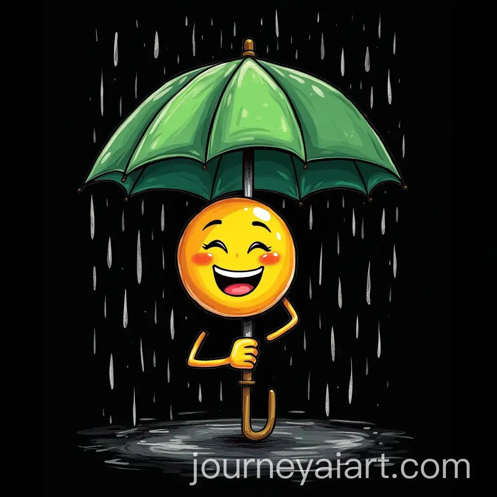 Happy-Emoji-with-Green-Umbrella-in-Rain-PostImpressionist-Style