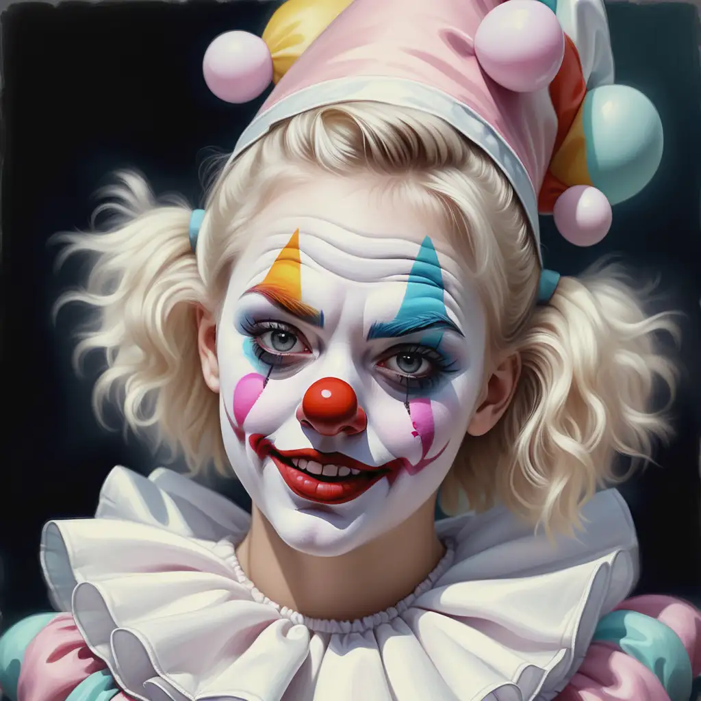 digital oil painting realistic white caucasian girl clown in pastel colors