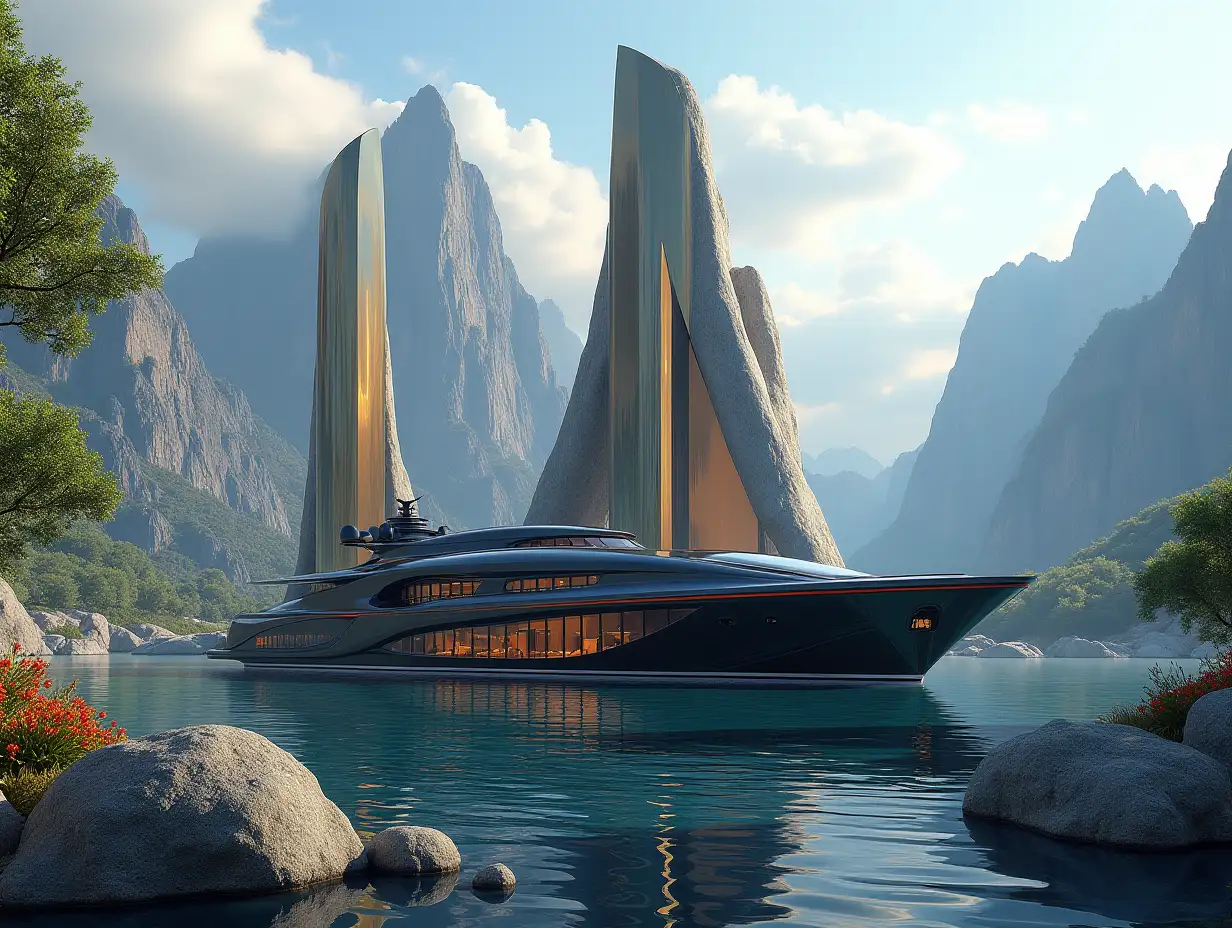 Create a high-resolution realistic image in 4k resolution a futuristic gold building with black blue red architecture curved pillars, mountains large trees, rocks flowers a futuristic very large yacht with glass window cloudy sky