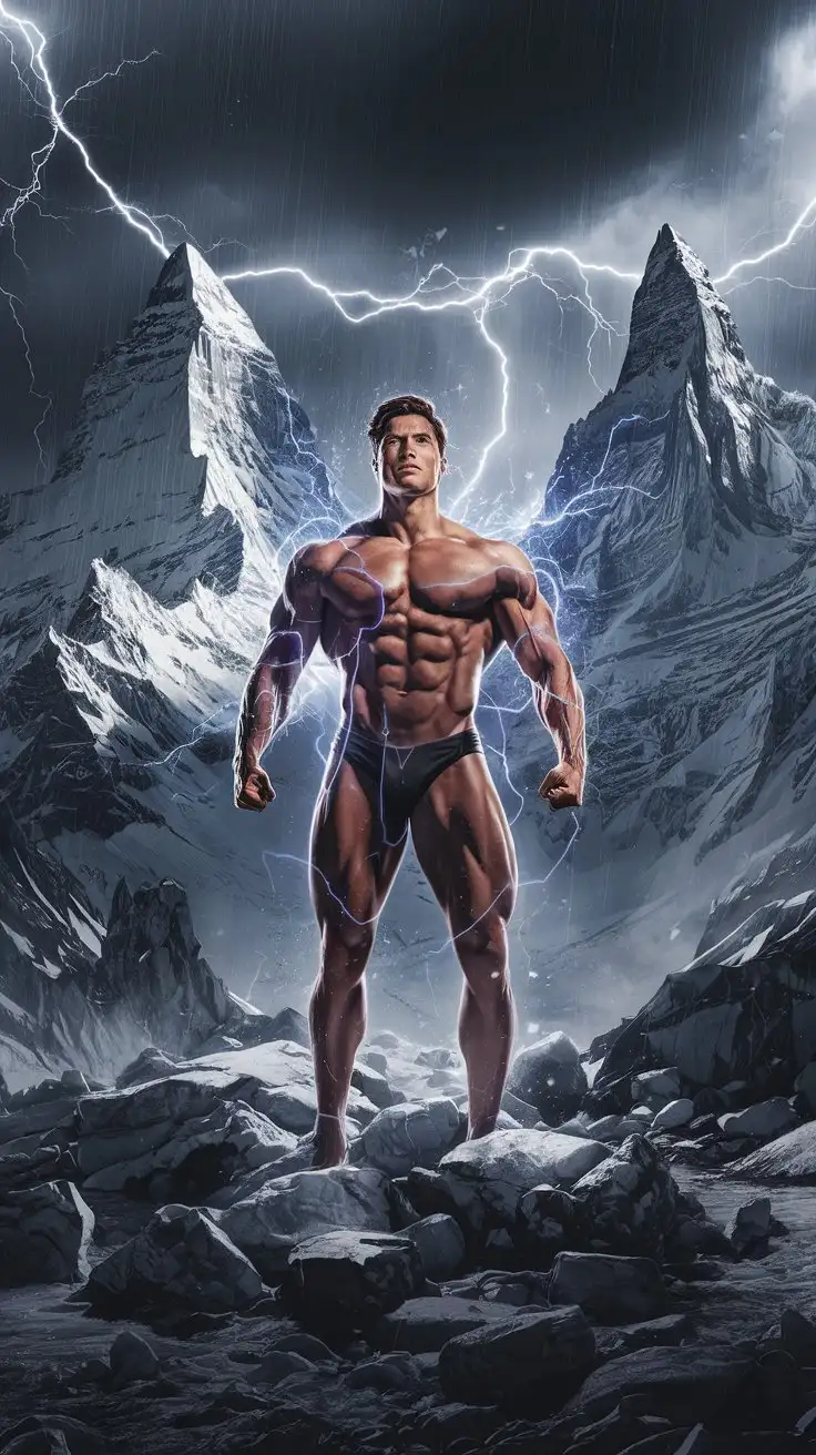 On a secluded mountain range. Supercharged brawn. Herculean powers. Sapphire electrical glow. 27-year-old musclegod bodybuilder stands triumphantly in a lightning storm. Warrior of virtue. Hero of power. Man of destiny. Chosen by the gods to become ultraman. Photorealistic.