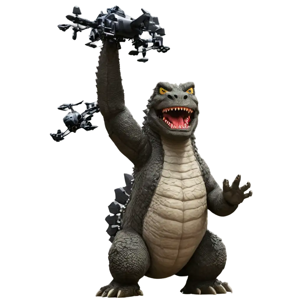 Cartoon-Godzilla-Eating-Drones-Around-His-Head-HighQuality-PNG-Image-for-Creative-Projects