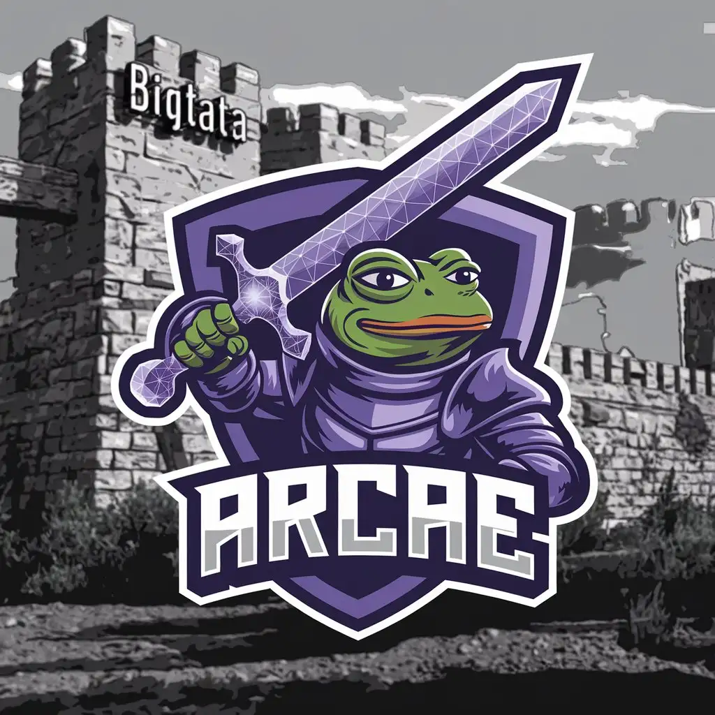 LOGO Design for Arcae Pepe the Green Frog in Purple Armor with Sword Made of Blockchain in a Decentralized Fortress Theme