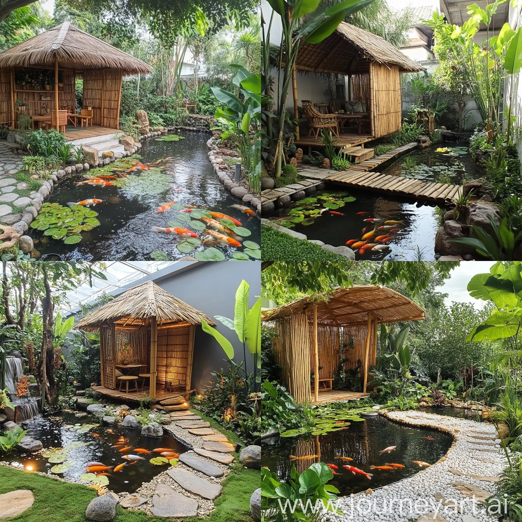 Tranquil-Bamboo-Hut-in-Mini-Vegetable-Garden-with-Fish-Pond